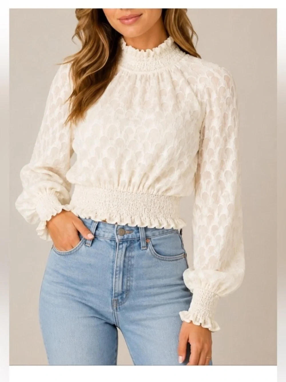 H&M Cream Sheer Turtleneck Ruffled Blouse size 8